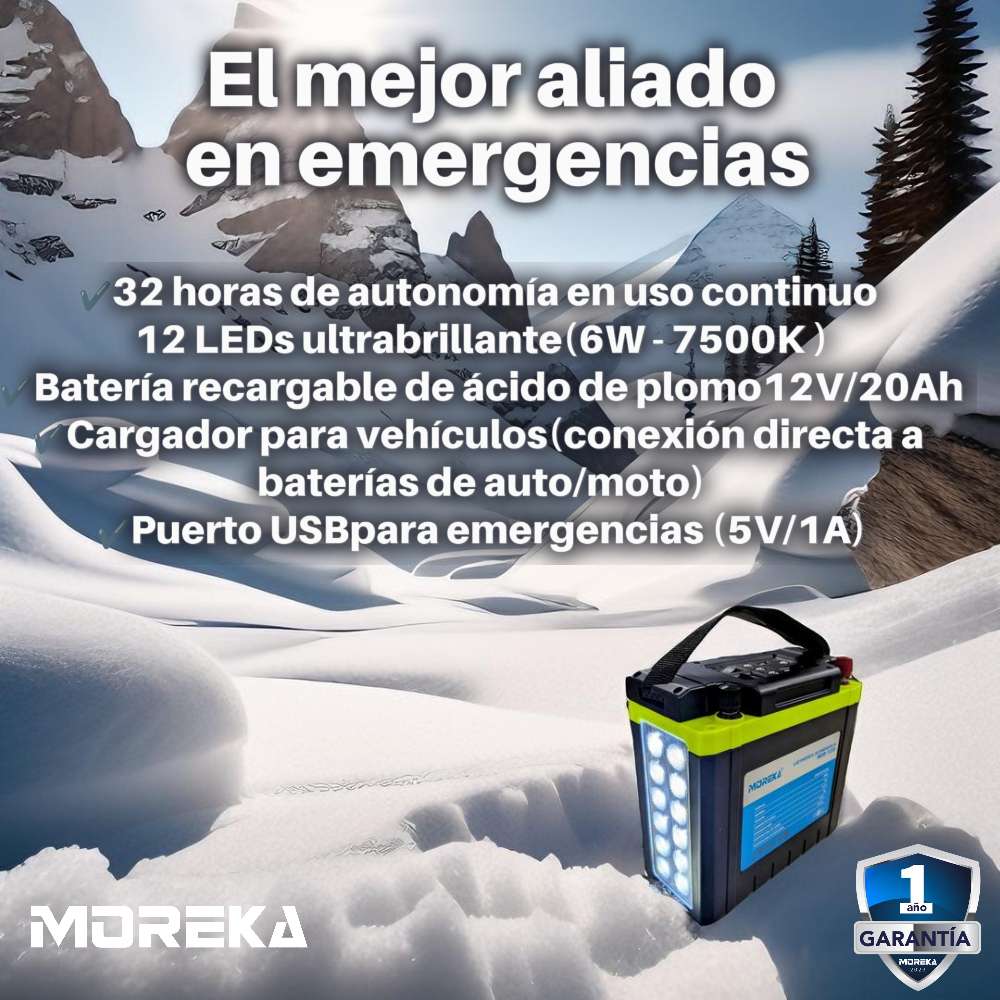 Luz de Emergencia 12 LEDS con batería de 20 Ah de hasta 32 hrs puertos USB MOR-12204