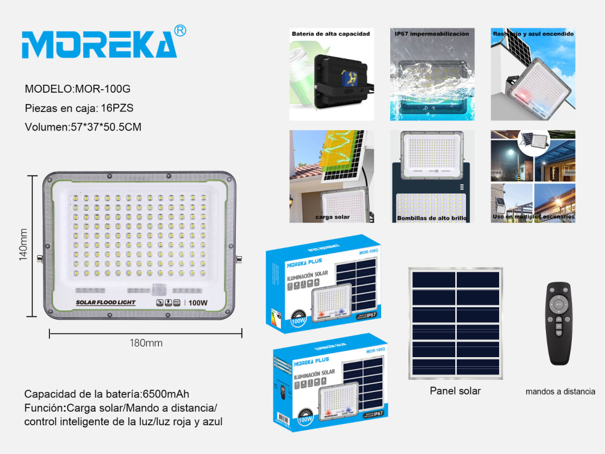 Reflector Solar 100W 6500mAh con Panel solares para intemperie IP67 MOR-100G2