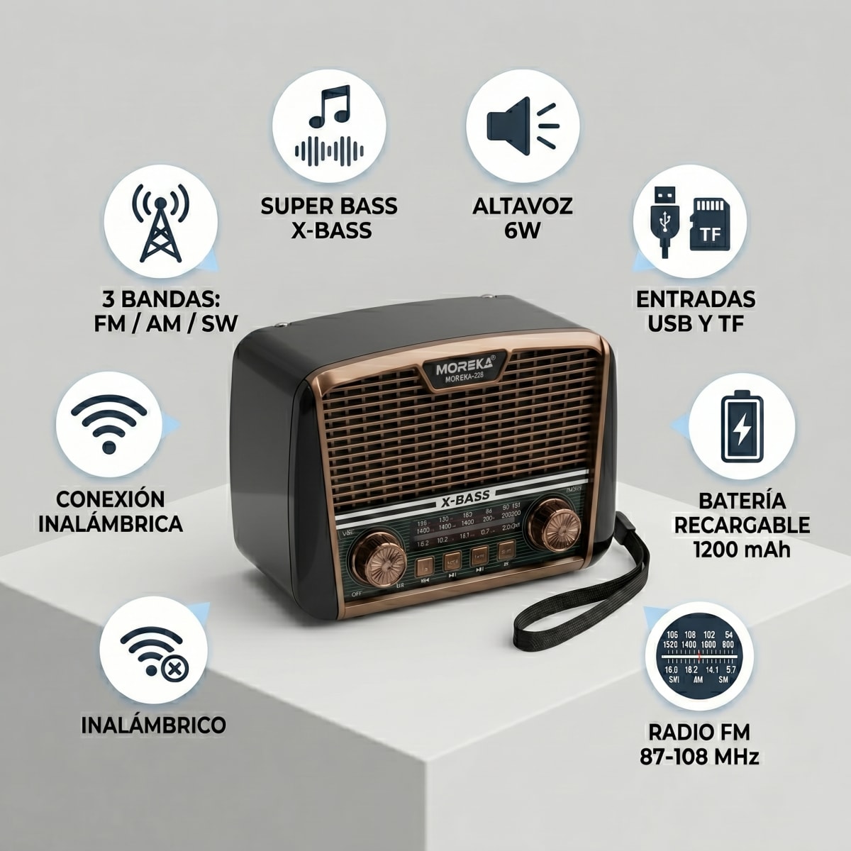 Receptor de 3 Bandas con Súper Bajos y Altavoz de 6W Radio Moreka-228 Potencia y Graves Profundos en un Solo Equipo4