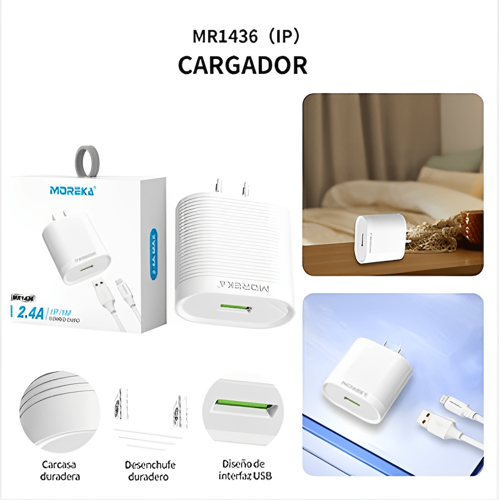 Cargador Moreka MR2888 Ligthning 2.4A Incluye Cable IP 1M7