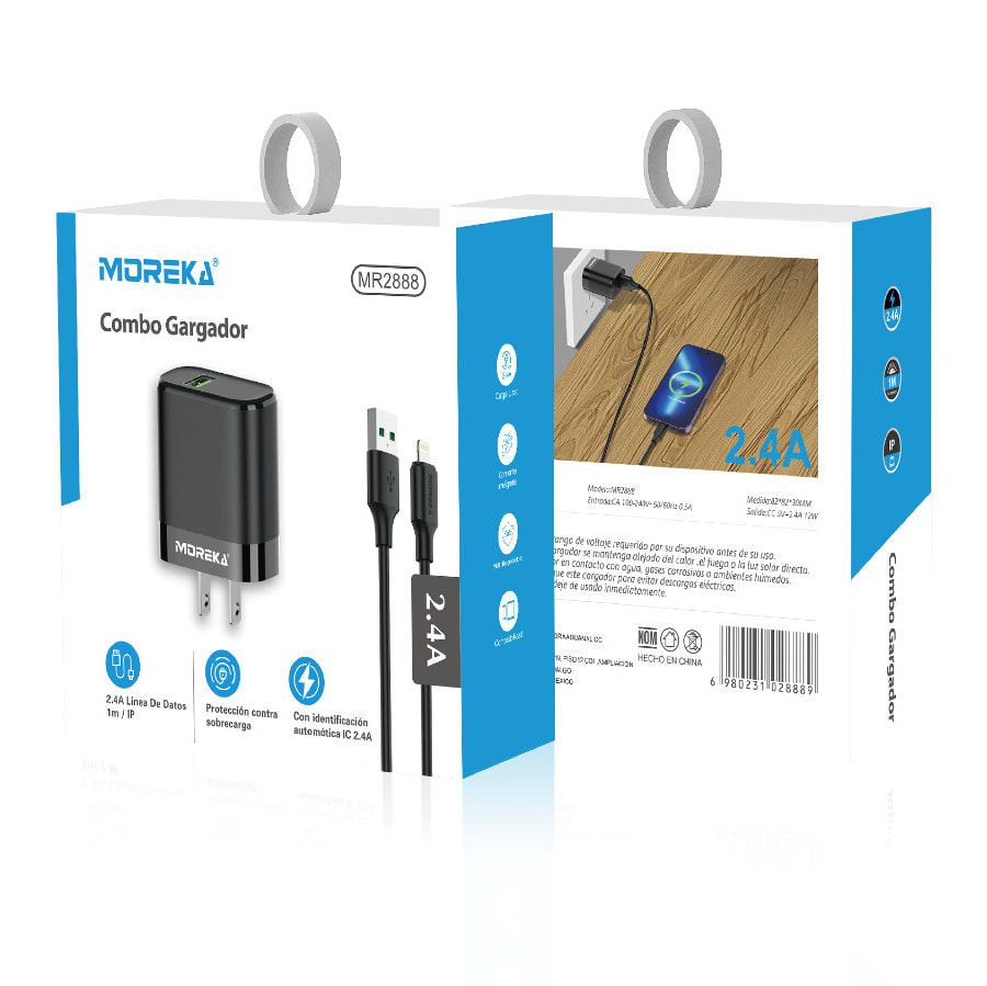 Cargador Moreka MR2888 Ligthning 2.4A Incluye Cable tipo IP 1M9
