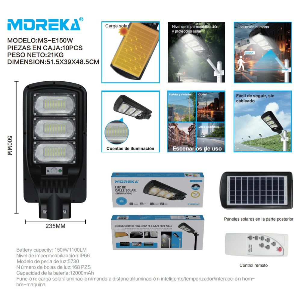 Luminaria Suburbana Alumbrado Publico Solar 150W con Sensor Movimiento MS-E150W3