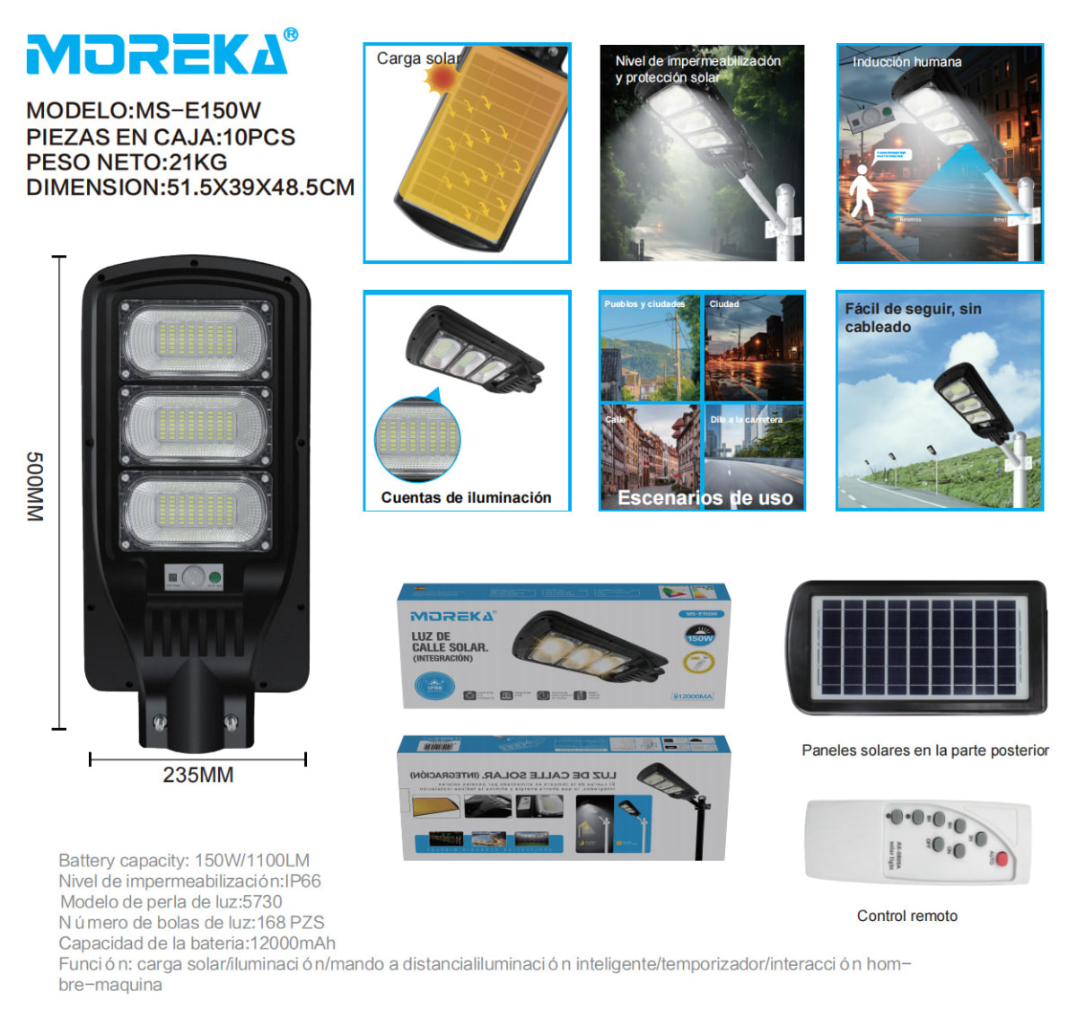 Luminaria Suburbana Alumbrado Publico Solar 150W con Sensor Movimiento MS-E150W9