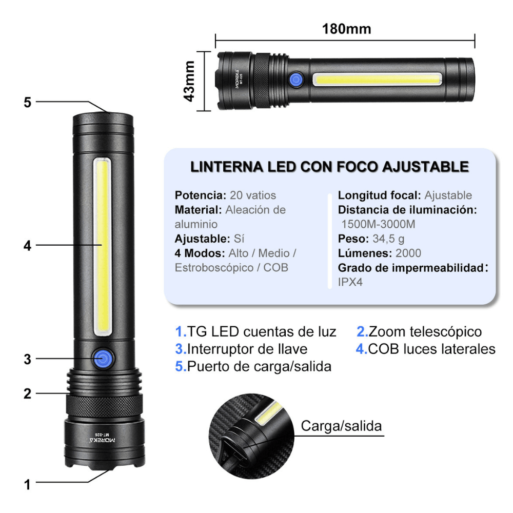 Lampara Táctica Recargable Usb Laser 20W 8800mAh / 4.2V  Moreka MT-0265