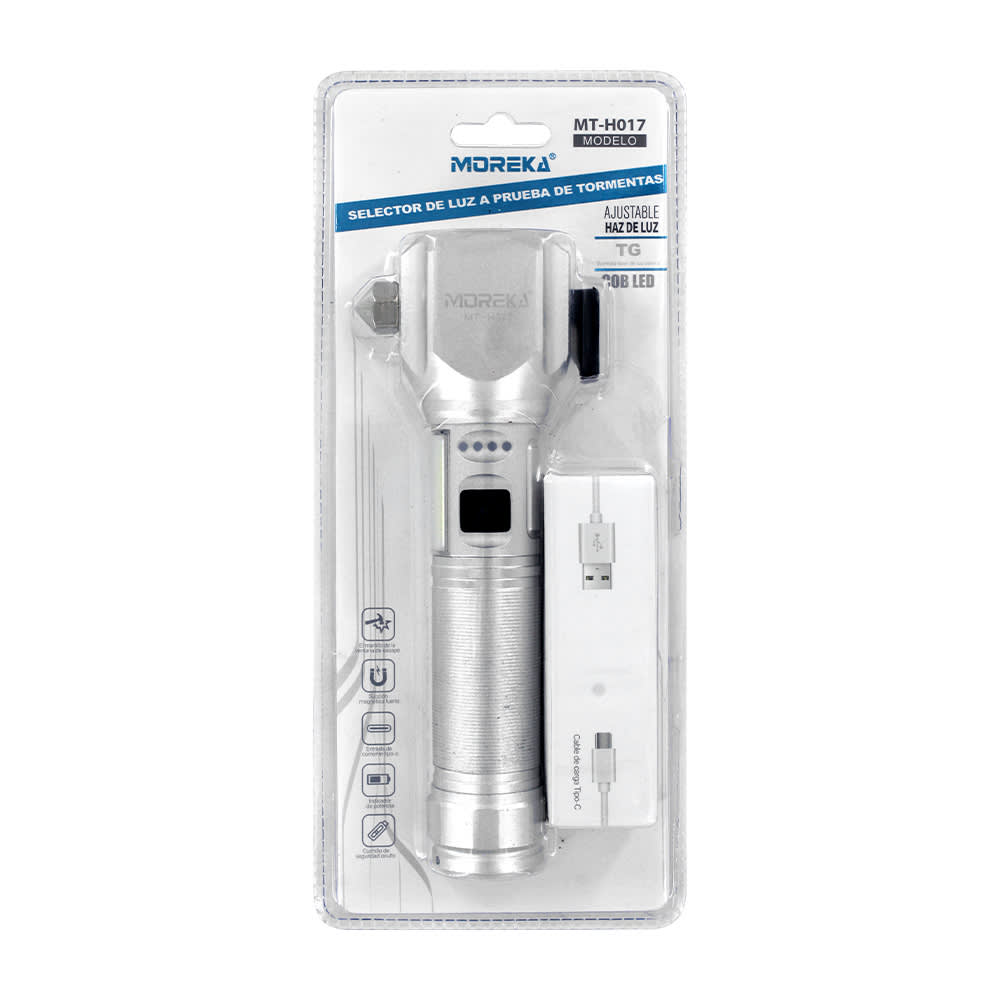 Linterna tactica metalica recargable rompe vidrios iman 7 modos diferentes de luz led Moreka MT-H0172