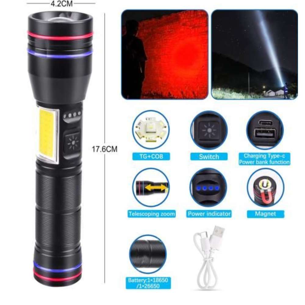 Linterna tactica metalica recargable con iman 7 modos diferentes de luz led Moreka MT-T0163
