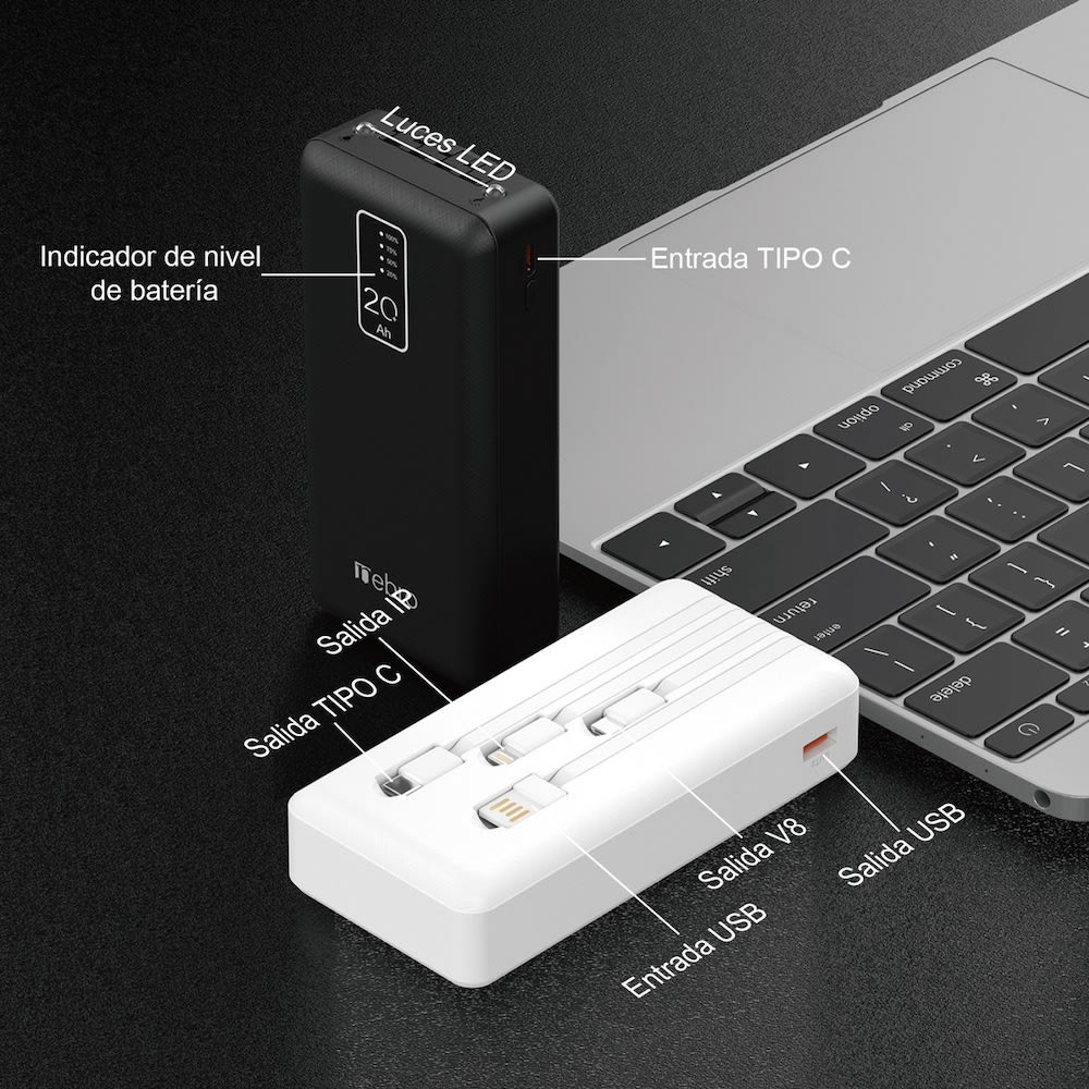Power Bank Nebro 20000mAh 2.1A 5V incluye cables IP C V87