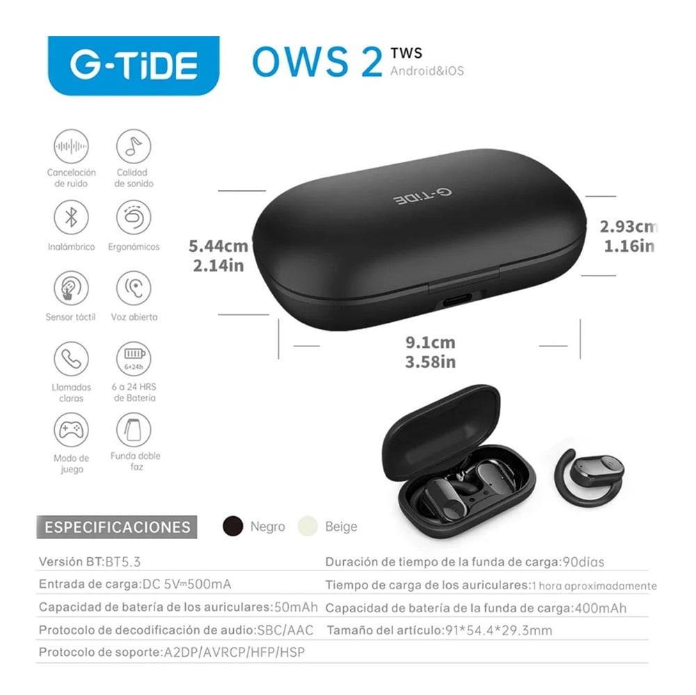 Audífonos OWS2 Cancelación Ruido  Audífonos 30mAh / Estuche 400mAh IPX4 G-TIDE7