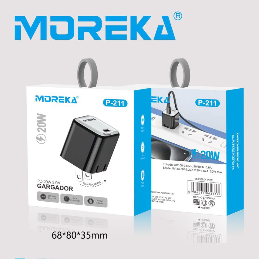 Cargador turbo 20W 5V- 3A puerto C Clavija plegable cable tipo IP - C Moreka P-2128