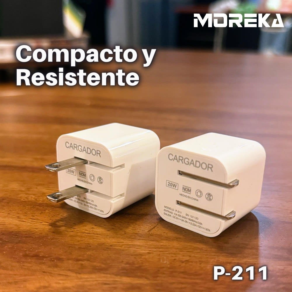 Cubo carga rápida 20W 5V- 3A puerto C Clavija plegable Moreka P-2114