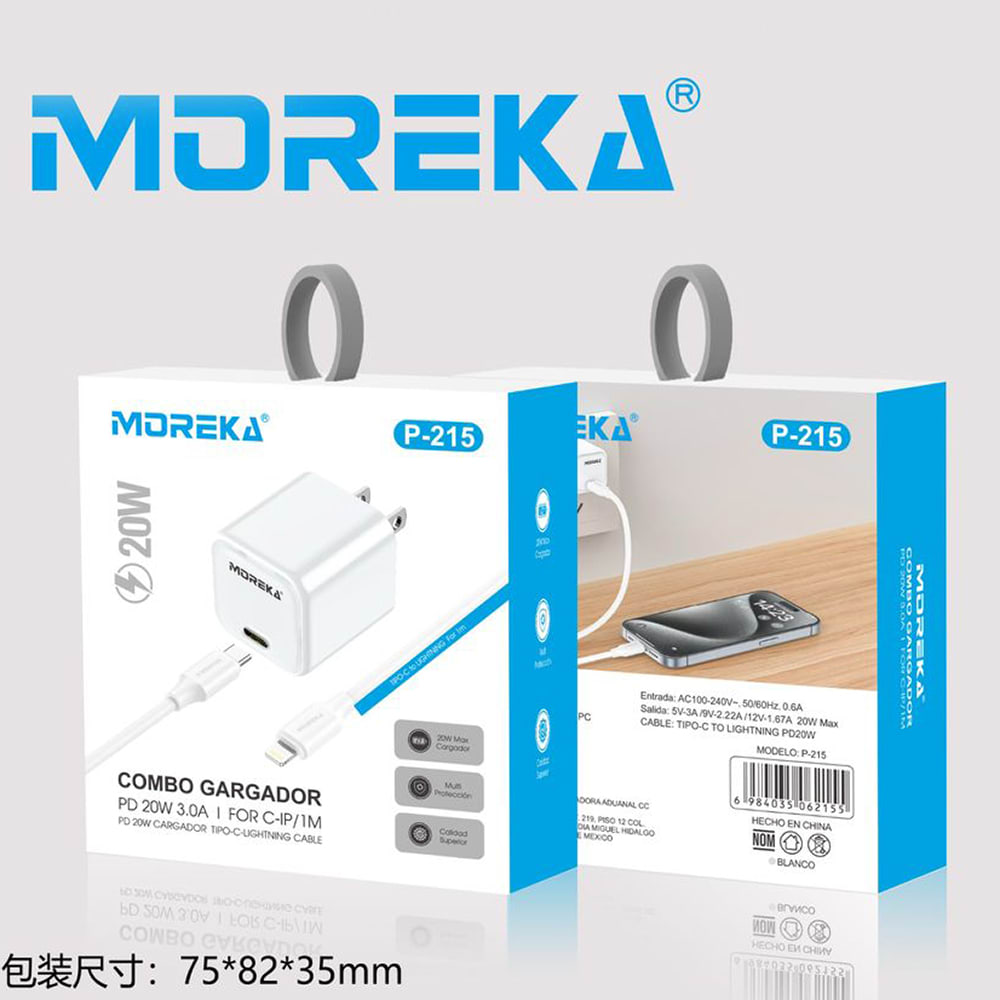 Cargador tipo C 20W 5V- 3A cable tipo IP carga rápida Moreka P-2154