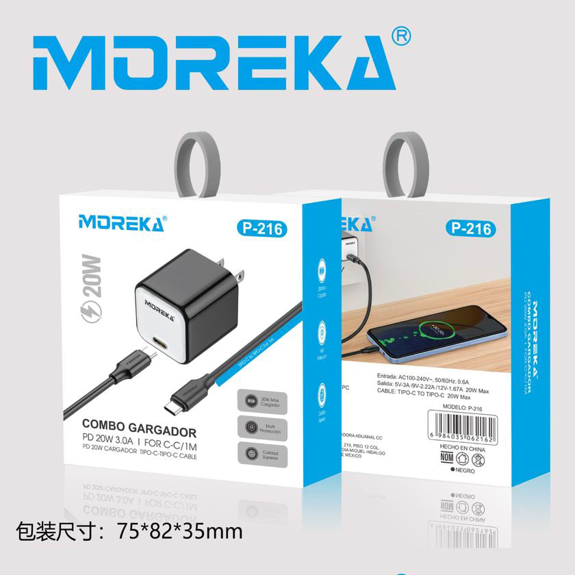 Cargador tipo C 20W 5V- 3A cable tipo C carga rápida Moreka P-21610