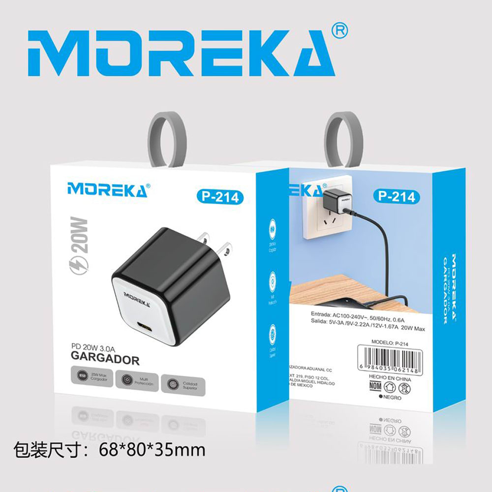 Cubo carga rápida 20W 5V- 3A puerto C Moreka P-21410