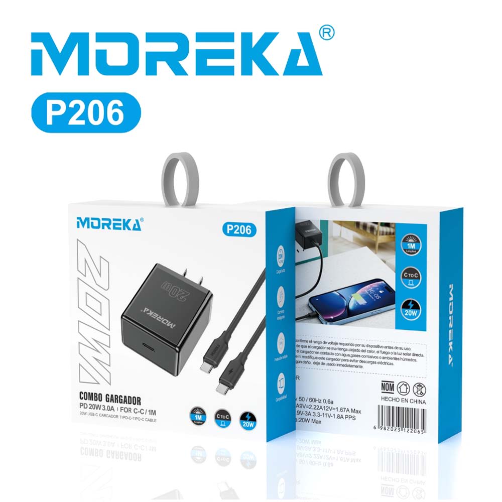Cargador 20W Moreka P206 puerto C incluye cable tipo C 1M3