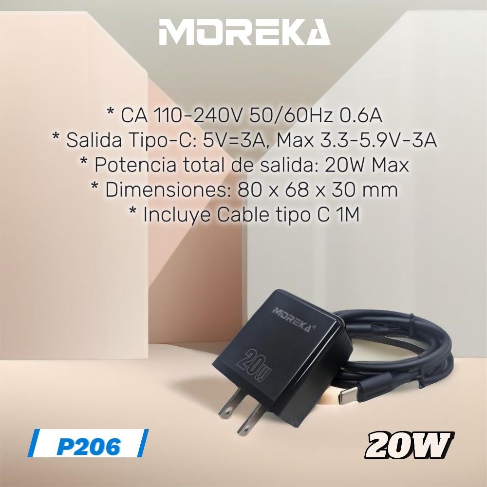 Cargador 20W Moreka P206 puerto C incluye cable tipo C 1M2