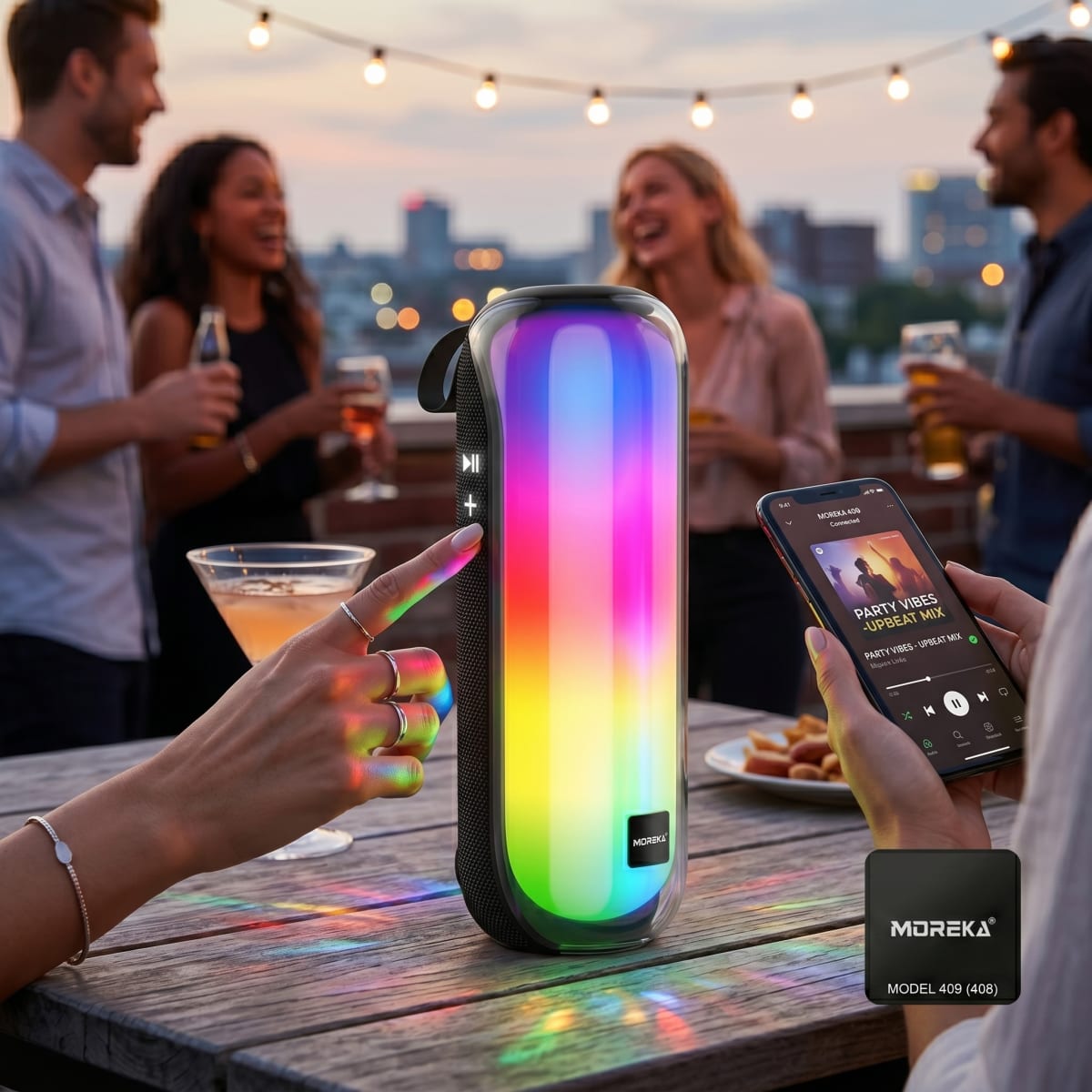 Bocina Moreka 408 14W (2 x 7W) 3000mAh Batería Bluetooth V5.3 IPX5 Resistente al Agua Luz RGB Micrófono Incorporado Radio FM7