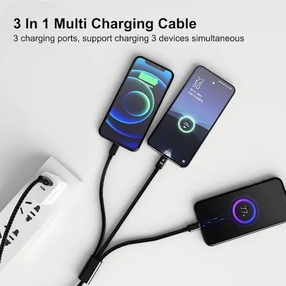 Cable 3 en 1 Moreka CB-046 3.1 A y Datos 1.2 M, Lightning, Tipo C, V85
