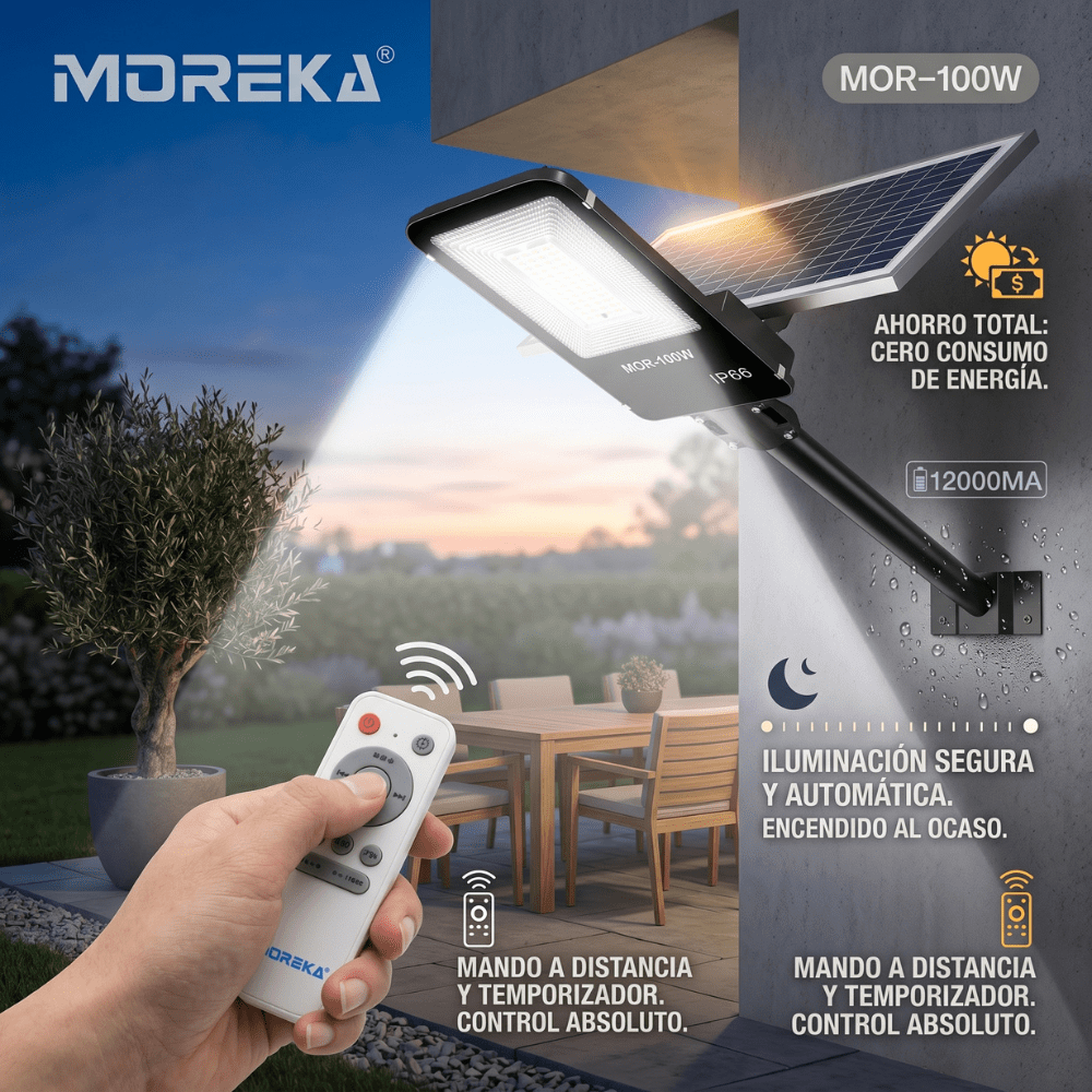 Luz de Calle Solar Moreka MOR 100W Cero Consumo con Control Remoto y Temporizador IP66 para Exteriores7