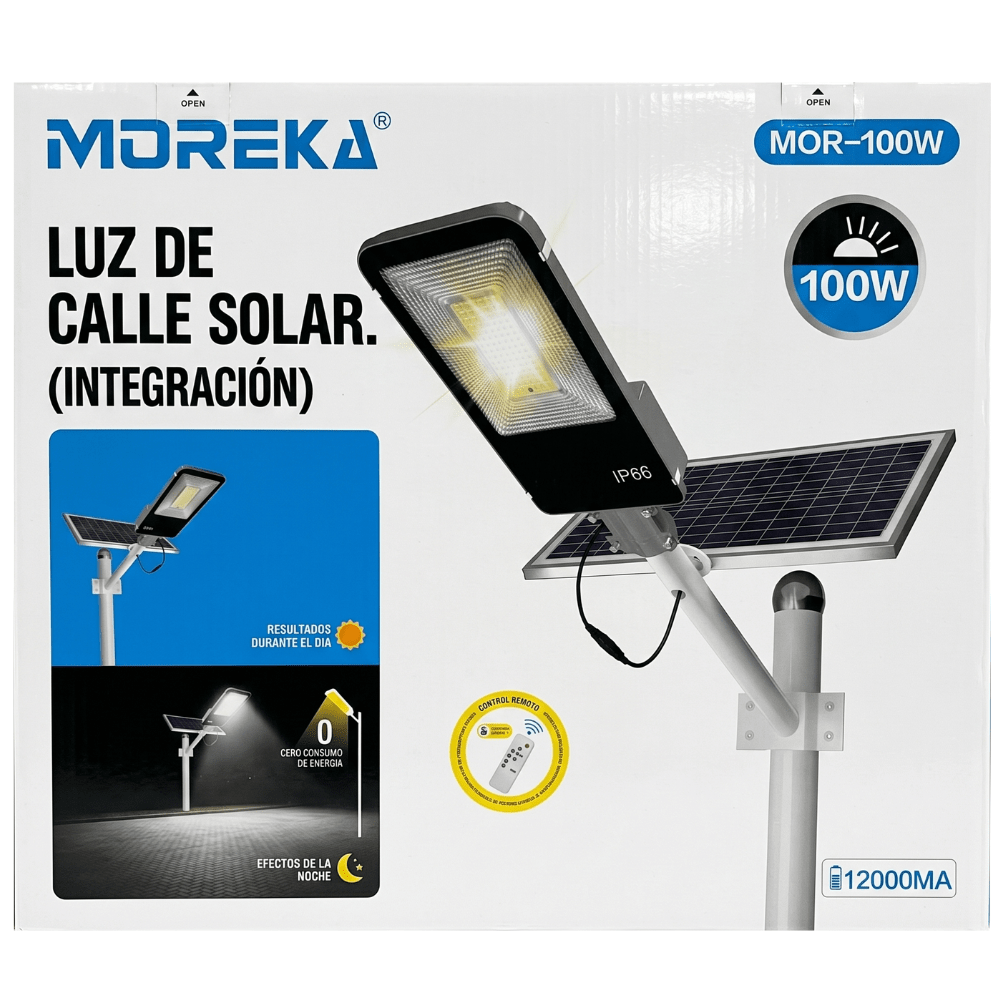 Luz de Calle Solar Moreka MOR 100W Cero Consumo con Control Remoto y Temporizador IP66 para Exteriores1