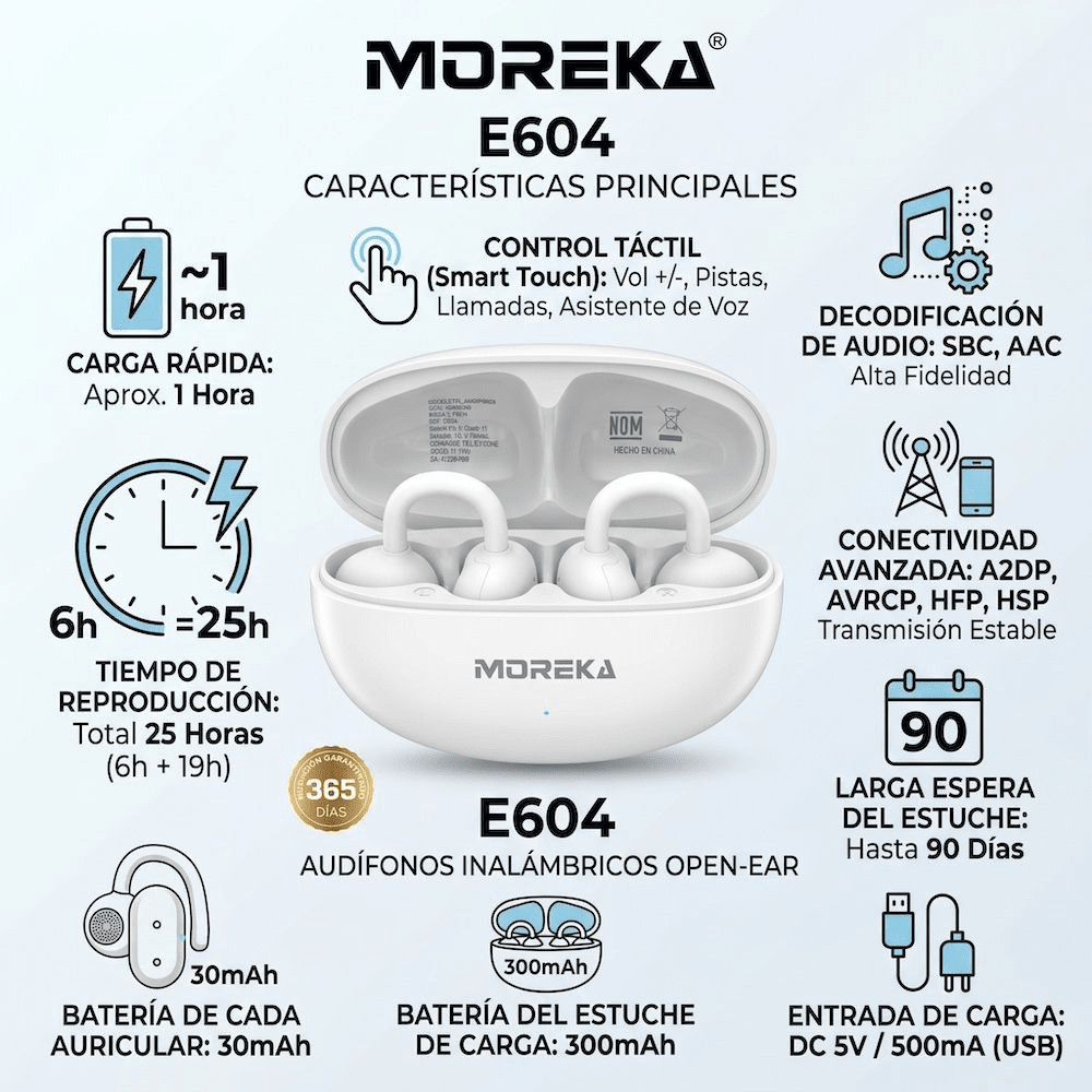 Audífonos Moreka E604 Tipo Arete Clip Bluetooth 25h Táctil7