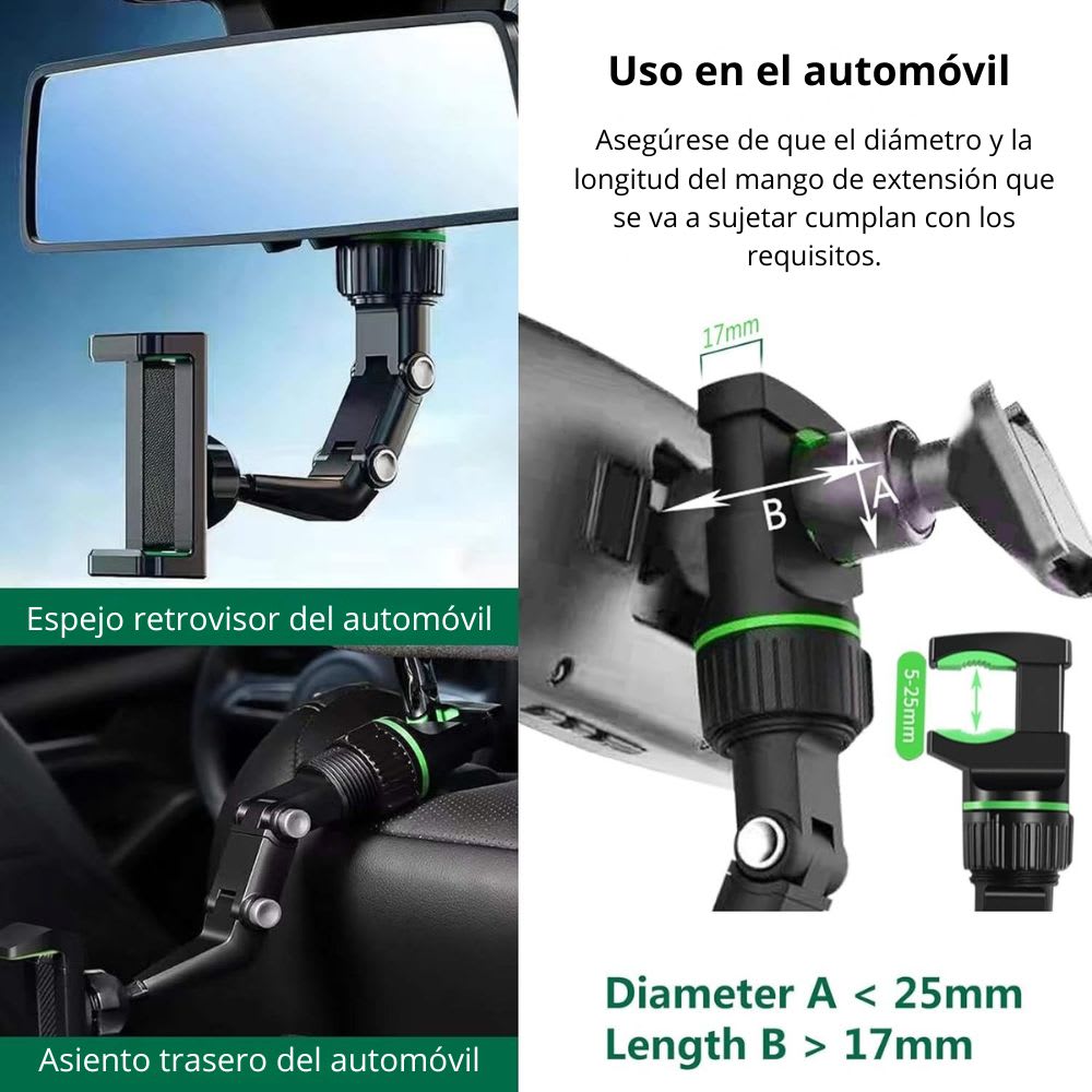 Soporte Celular CLIP-ON 360 Auto Retrovisor y Asiento Y8037