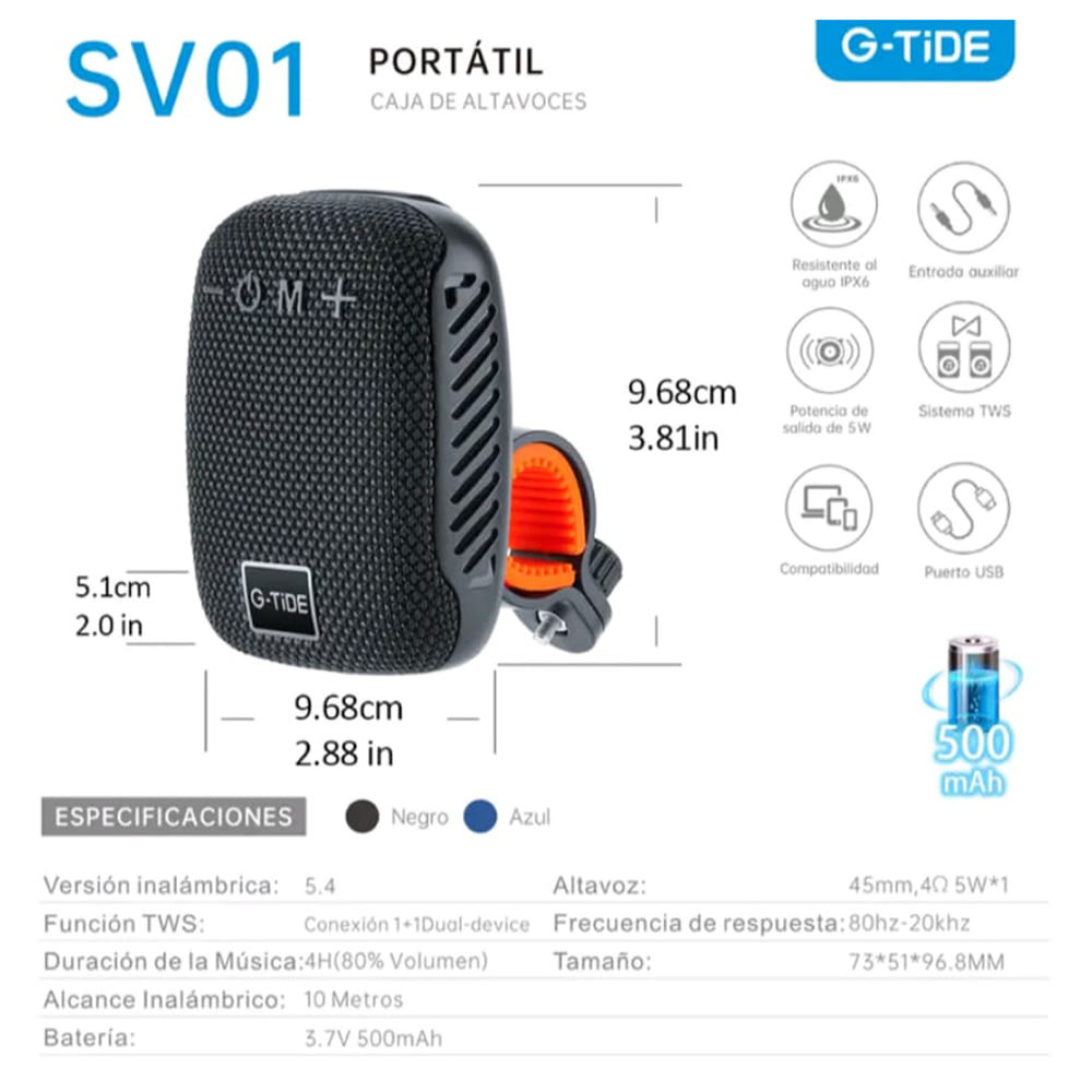 Bocina Moto Bluetooth G-TIDE SV01 TF Card Radio FM 500mAh Resistente al agua IPX610
