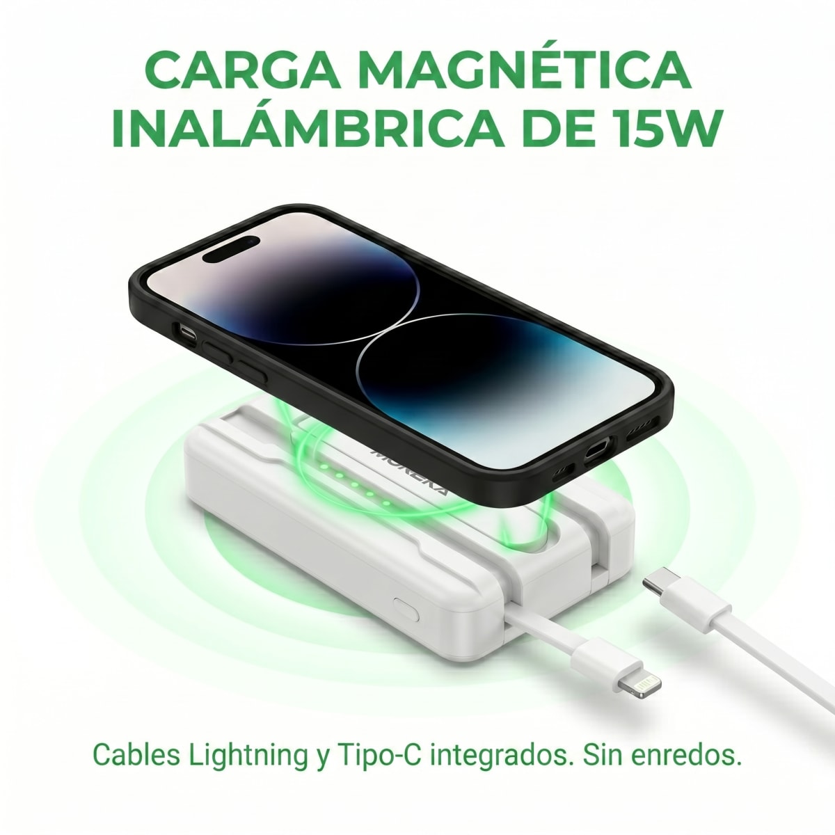 Power Bank Magnético Moreka K112 10000mAh 22.5W con Cable Lightning y Tipo-C Integrados Carga Inalámbrica 15W, Modo Baja Corriente5