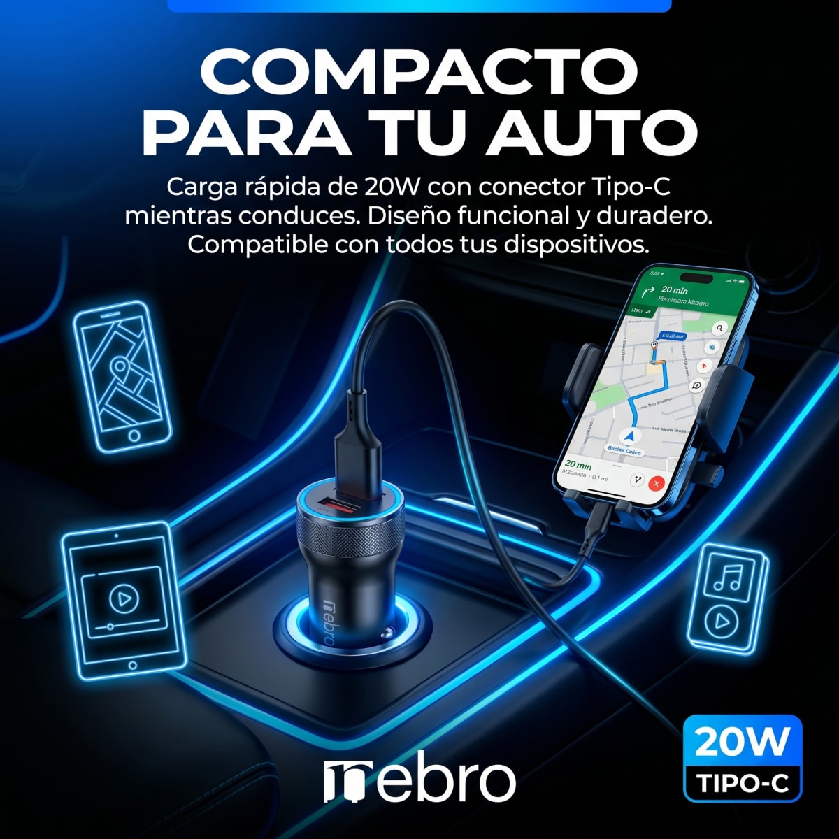 Cargador de Auto cable Tipo C NEBRO VA001S 20W Carga Rápida4