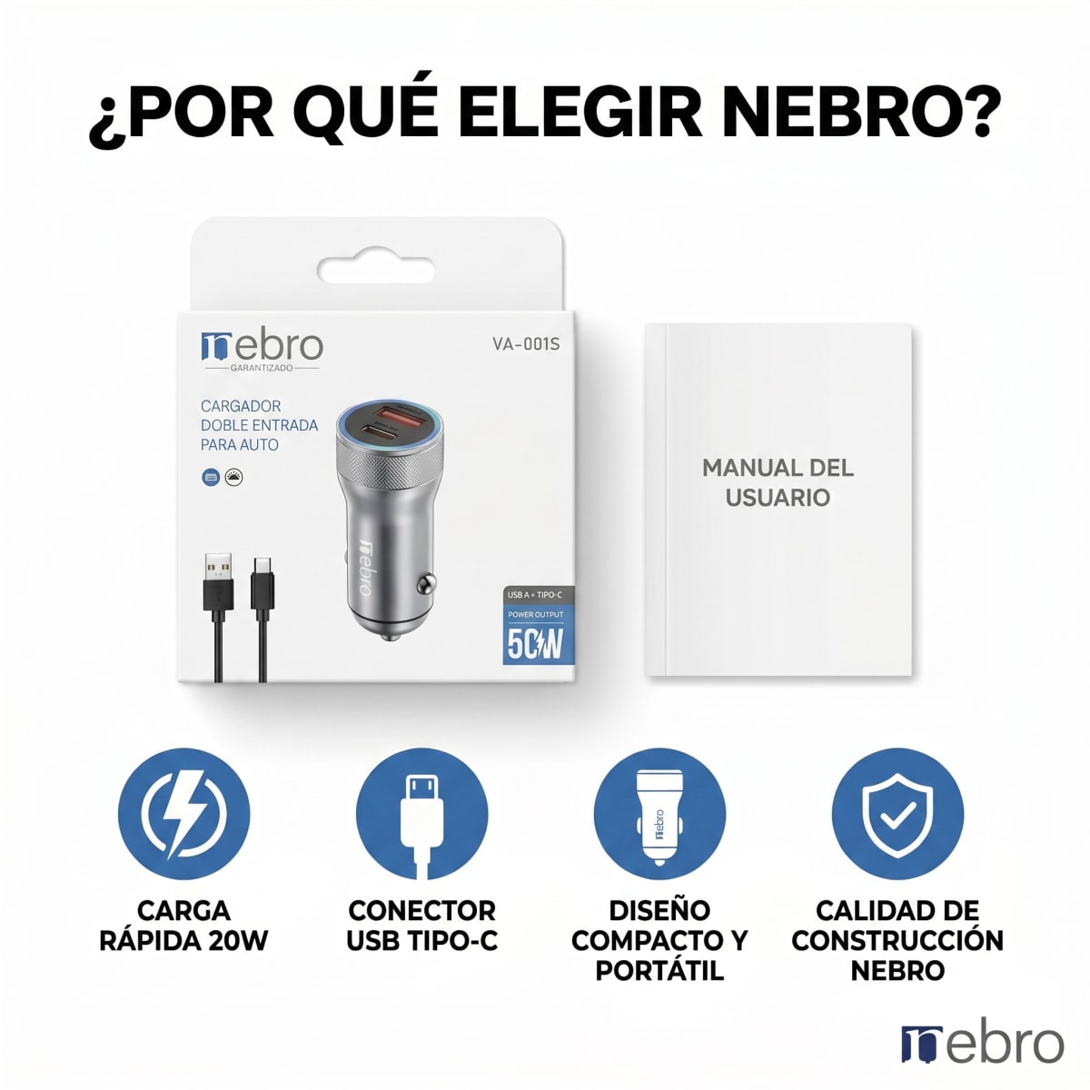 Cargador de Auto cable Tipo C NEBRO VA001S 20W Carga Rápida5