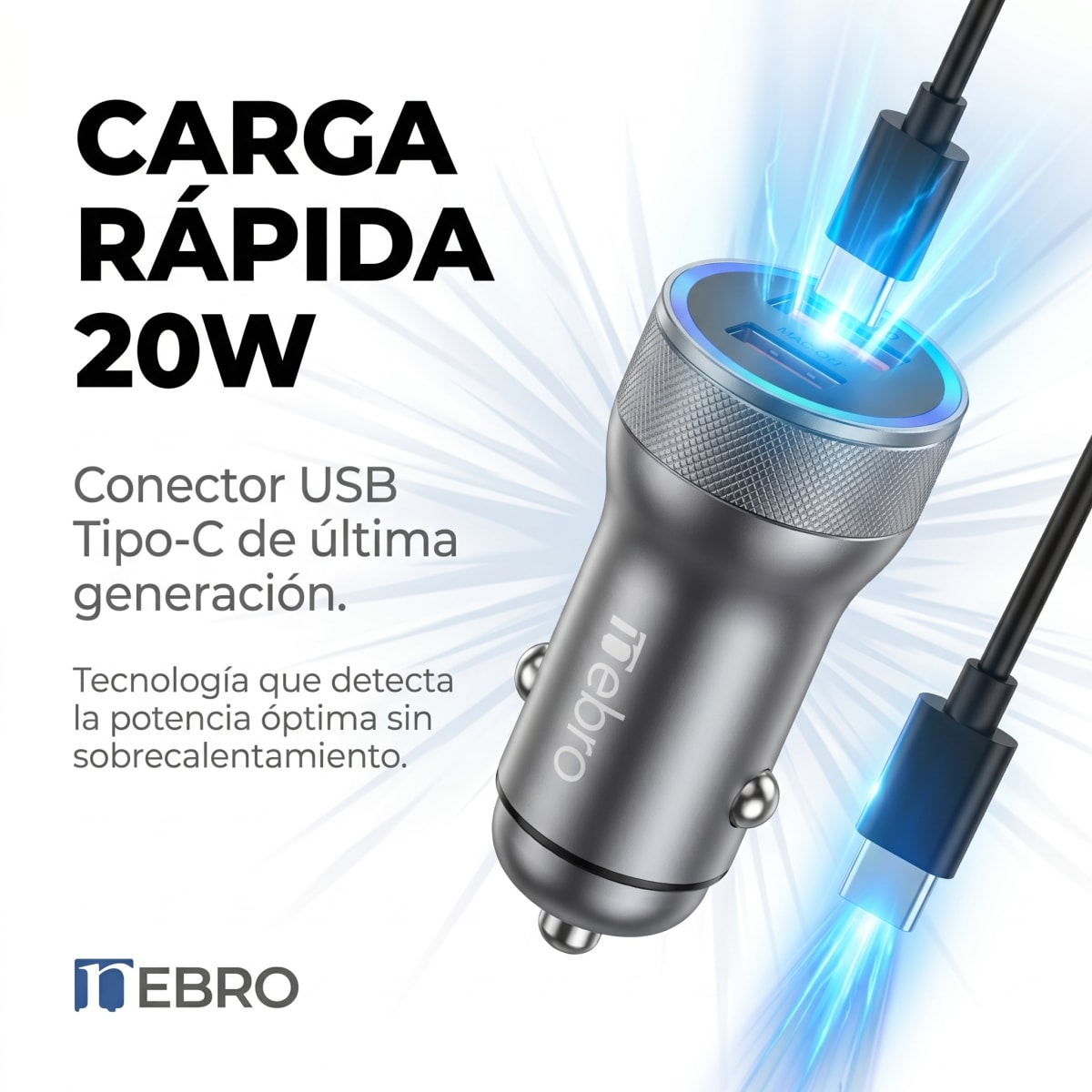 Cargador de Auto cable Tipo C NEBRO VA001S 20W Carga Rápida2