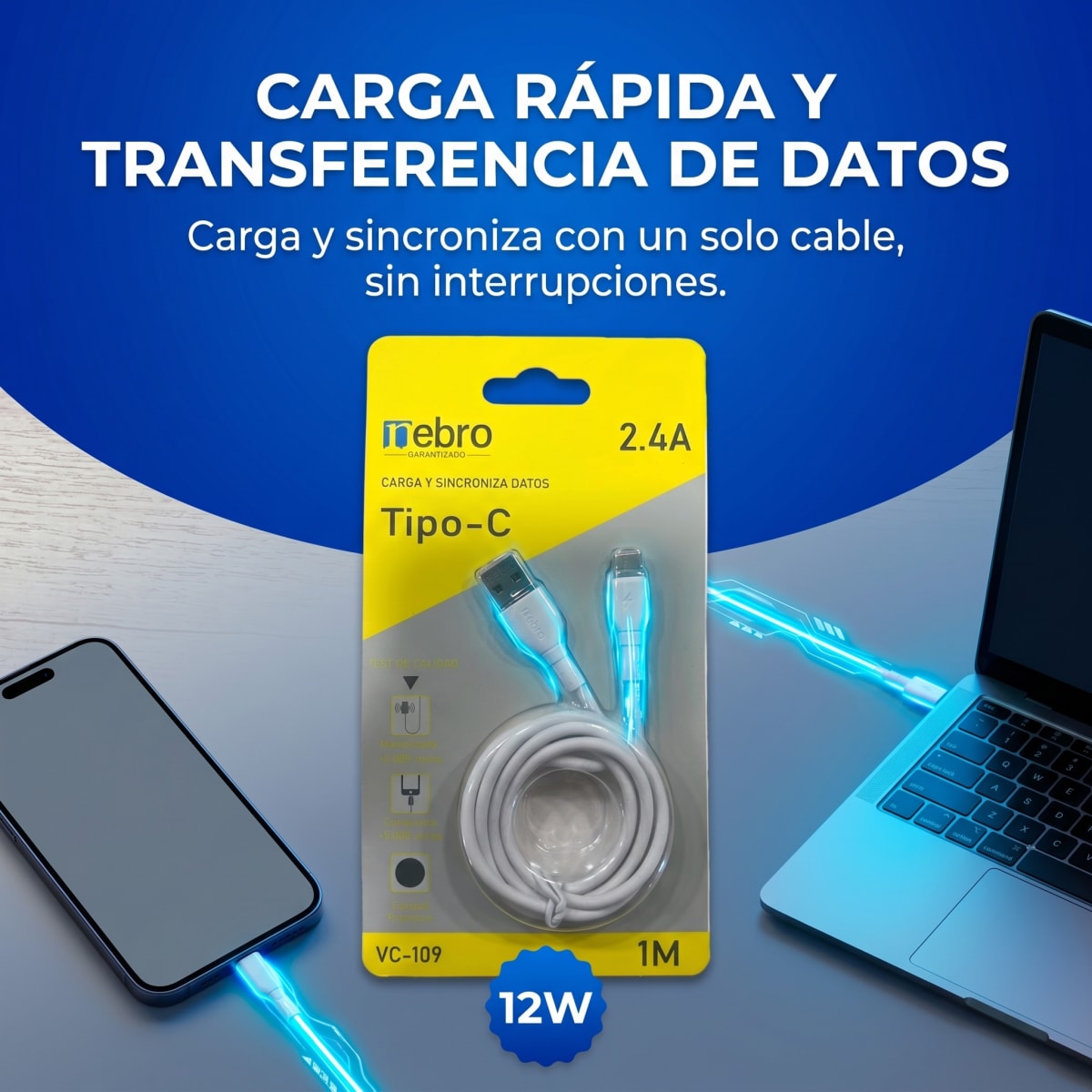 Cable Tipo C NEBRO VC109 12W USB a Tipo C 1 Metro3