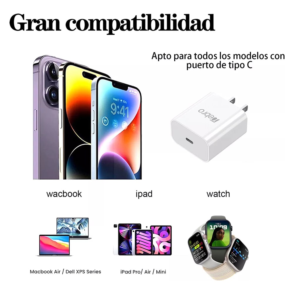 Cargador Nebro VGA-001 + Cable Tipo C 1m Carga Rápida 20W5