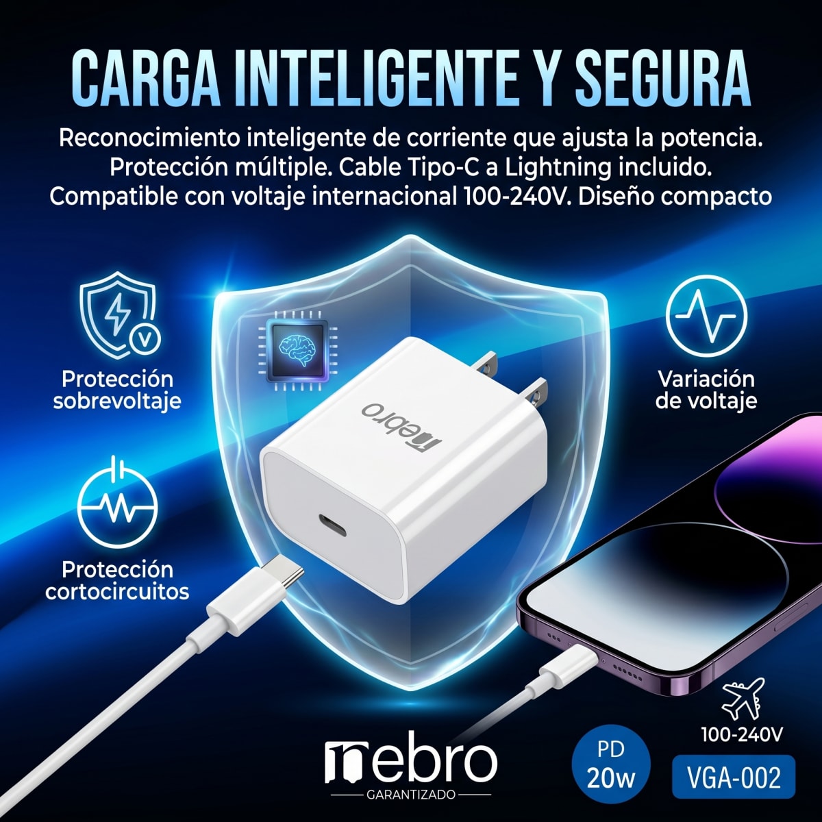 Cargador Rápido Nebro VGA-002 20W C-IP Power Delivery Carga Inteligente4