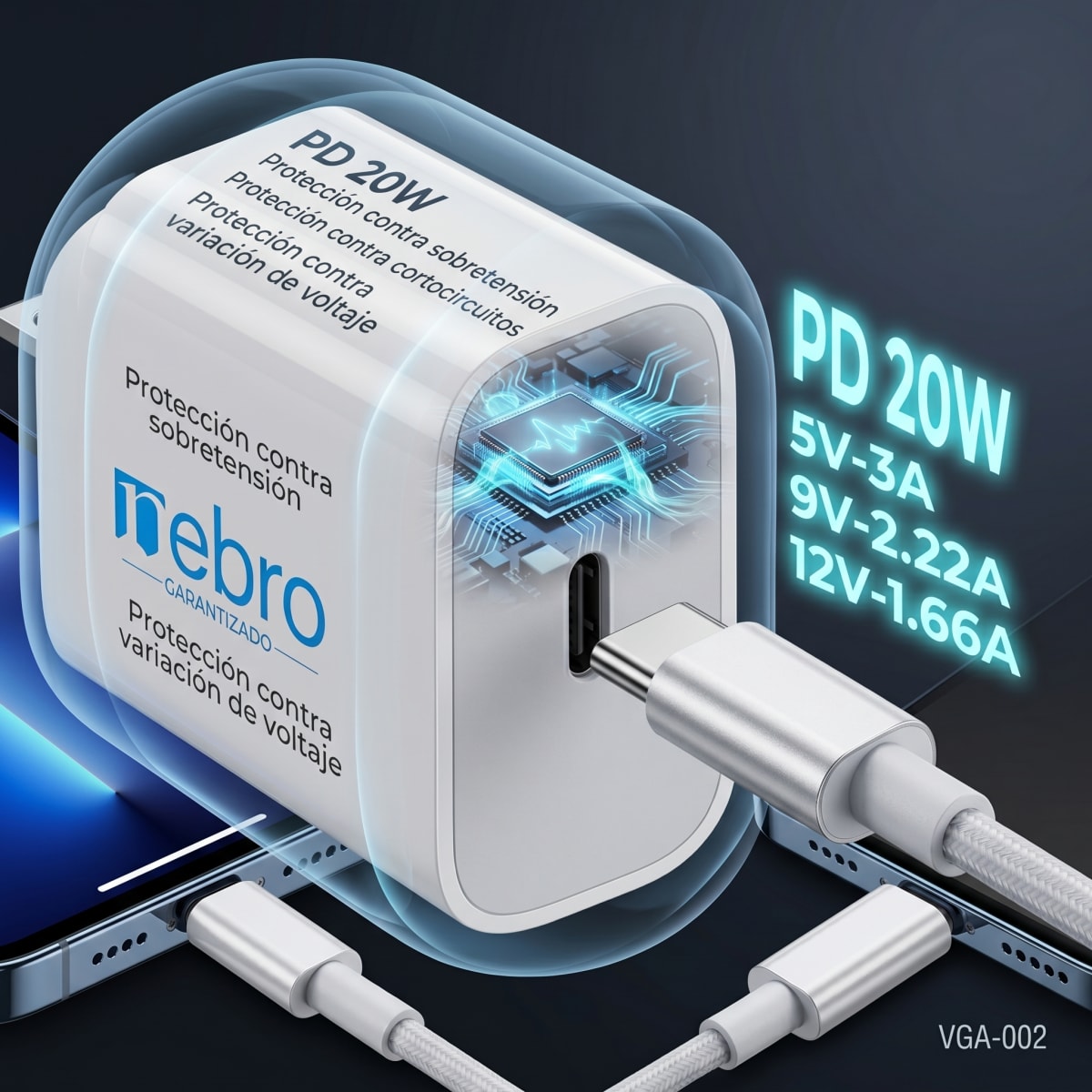 Cargador Rápido Nebro VGA-002 20W C-IP Power Delivery Carga Inteligente5