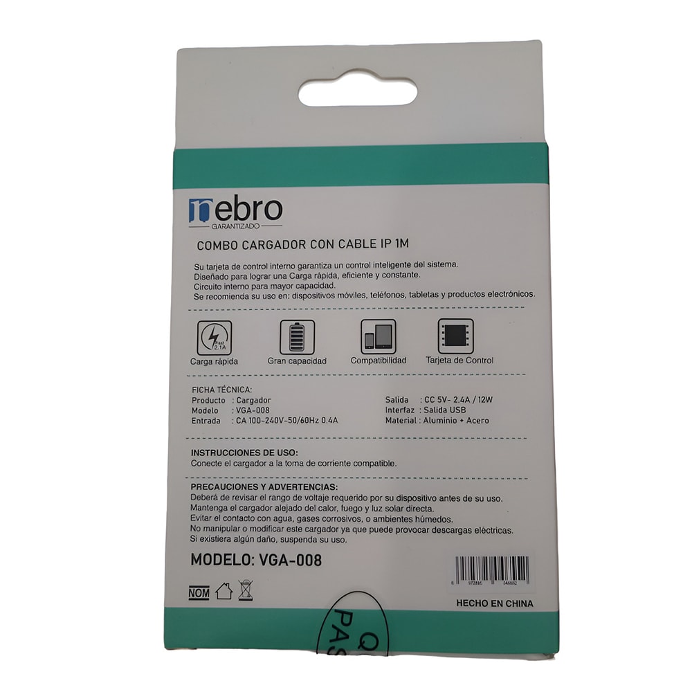 Cargador USB Nebro VGA-008 IP 1m 2.4A Carga Rápida10