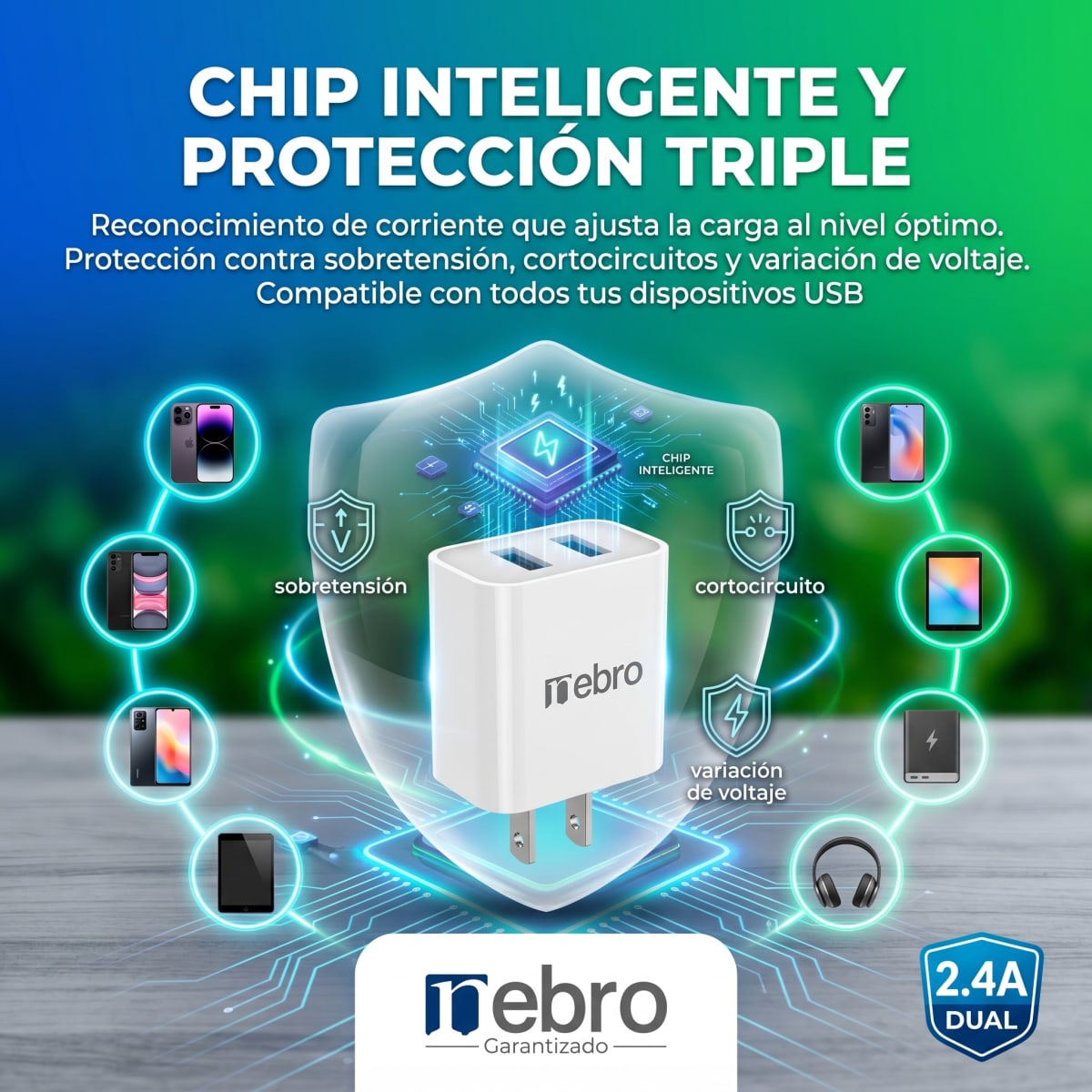 Cargador Doble USB Nebro VGA-024 2.4A Puerto Dual de Carga Rápida2