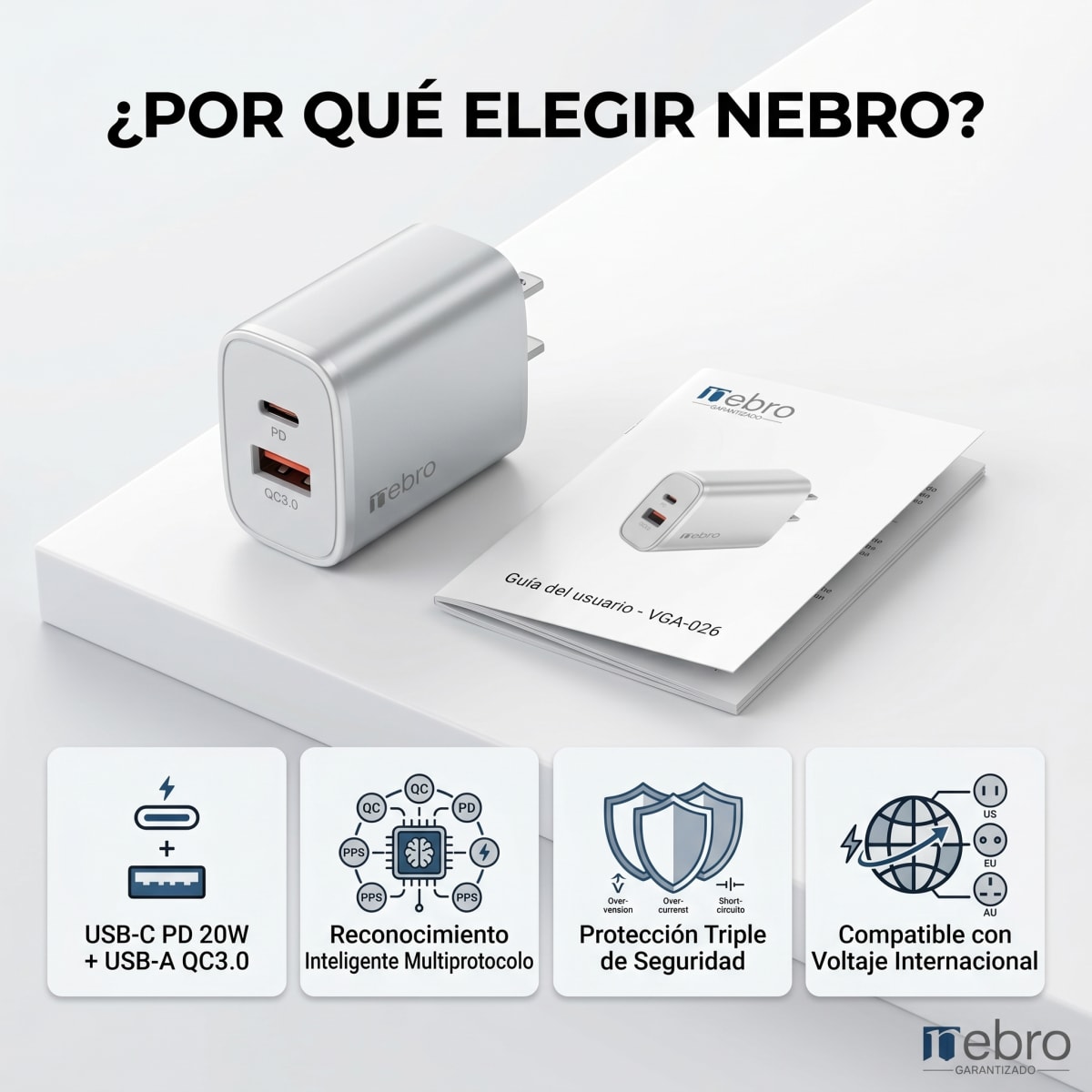Cargador Doble Puerto Nebro VGA-026 20W PD + QC3.0 USB-C y USB-A Carga Rápida Simultánea6