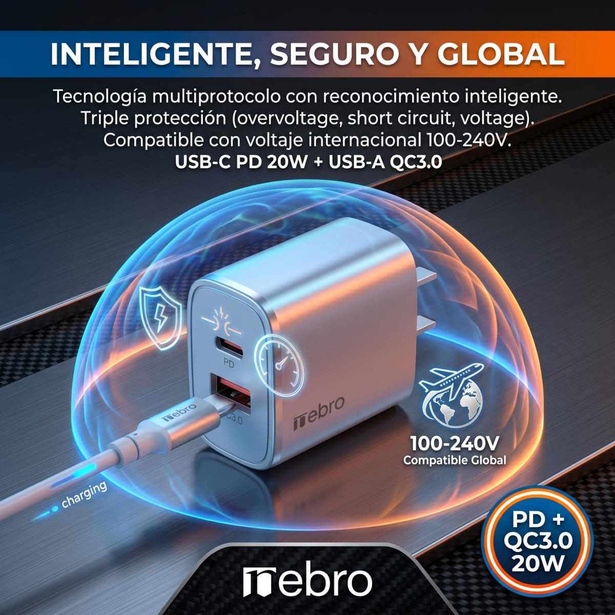 Cargador Doble Puerto Nebro VGA-026 20W PD + QC3.0 USB-C y USB-A Carga Rápida Simultánea4