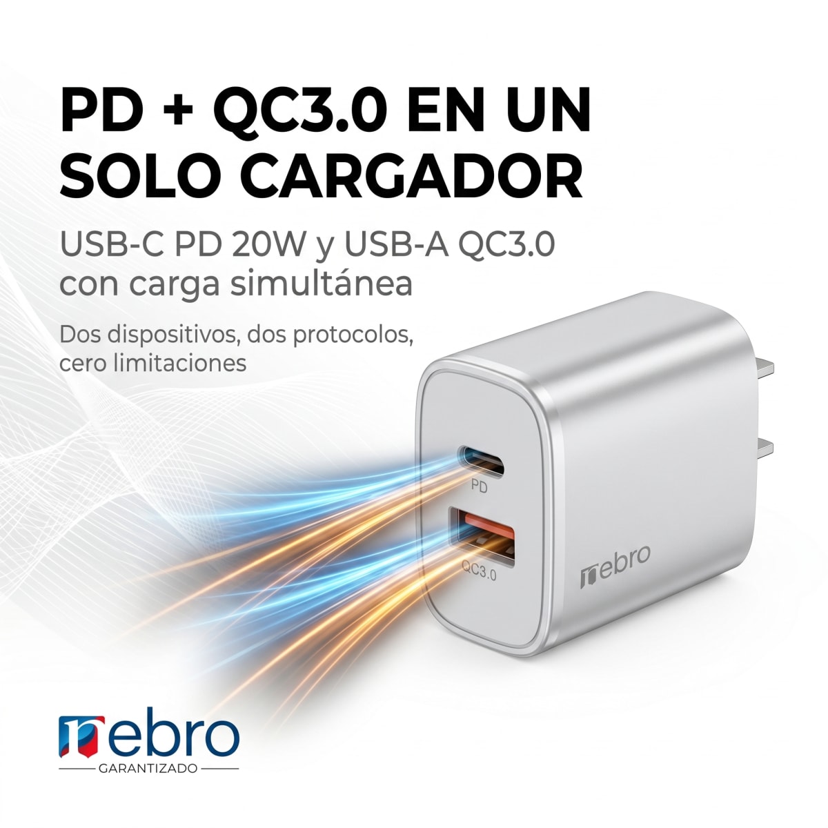 Cargador Doble Puerto Nebro VGA-026 20W PD + QC3.0 USB-C y USB-A Carga Rápida Simultánea2