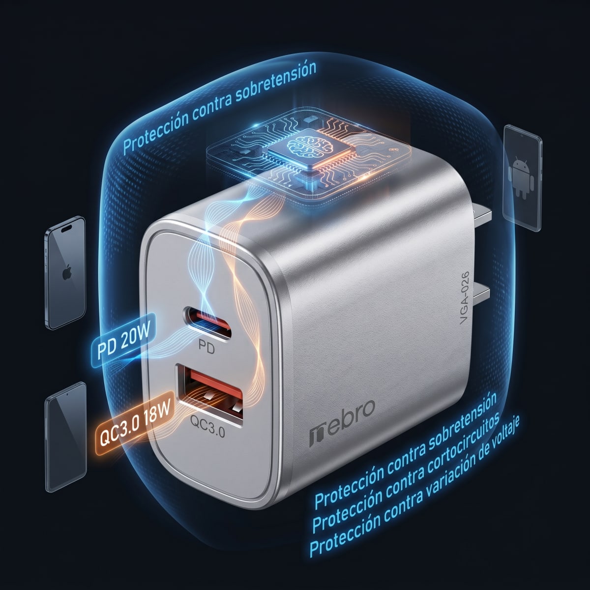 Cargador Doble Puerto Nebro VGA-026 20W PD + QC3.0 USB-C y USB-A Carga Rápida Simultánea3