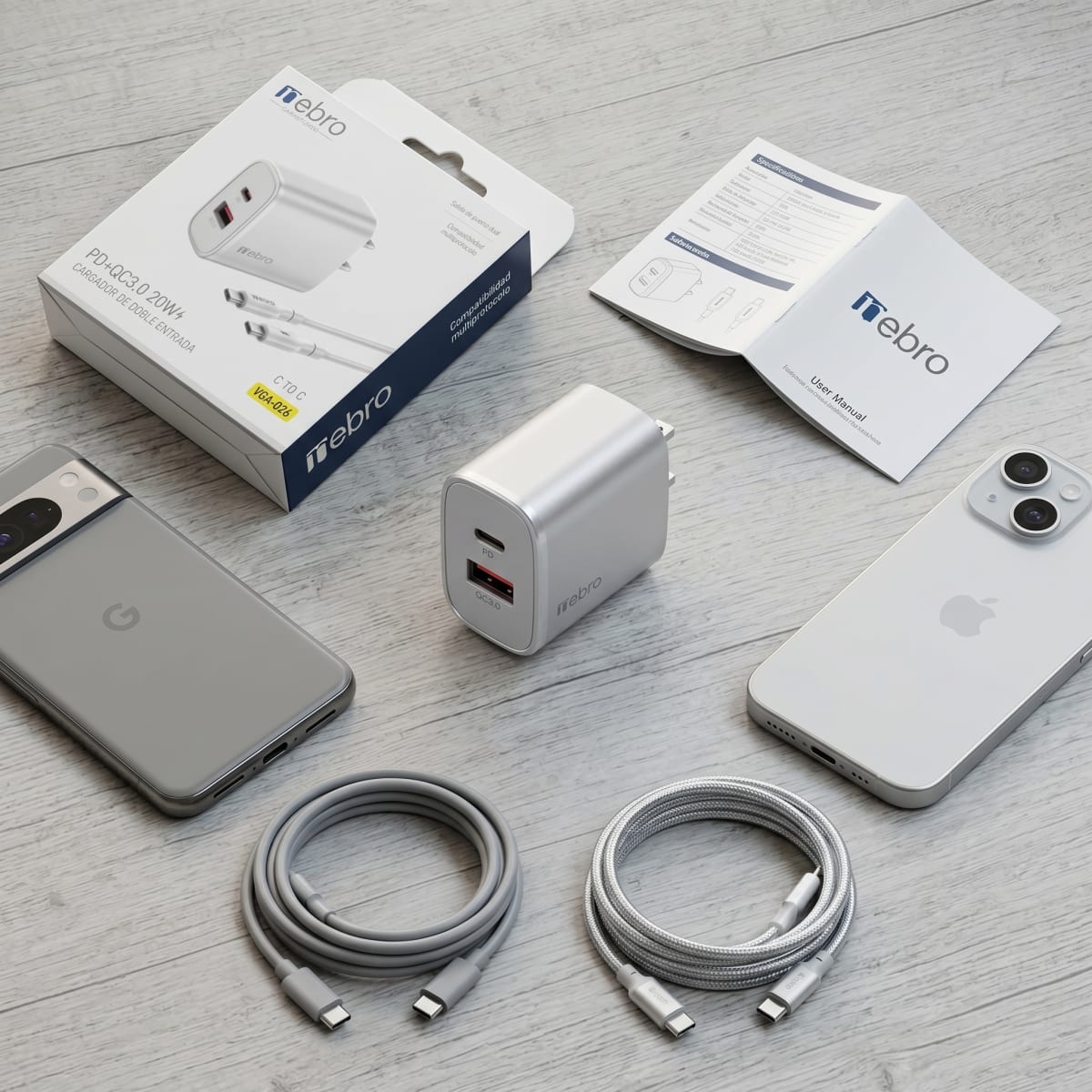 Cargador Doble Puerto Nebro VGA-026 20W PD + QC3.0 USB-C y USB-A Carga Rápida Simultánea5
