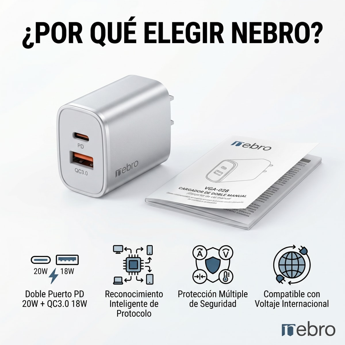 Cargador Doble Puerto Nebro VGA-028 20W PD + QC3.0 USB-C y QC3.0 Carga Rápida Simultánea5
