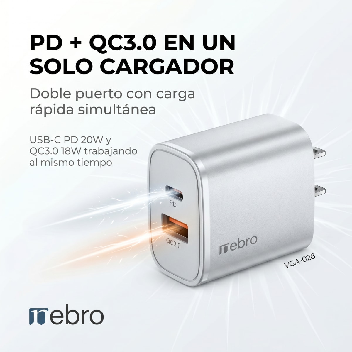 Cargador Doble Puerto Nebro VGA-028 20W PD + QC3.0 USB-C y QC3.0 Carga Rápida Simultánea2