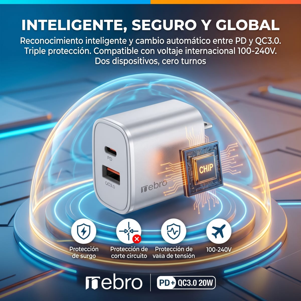 Cargador Doble Puerto Nebro VGA-028 20W PD + QC3.0 USB-C y QC3.0 Carga Rápida Simultánea4