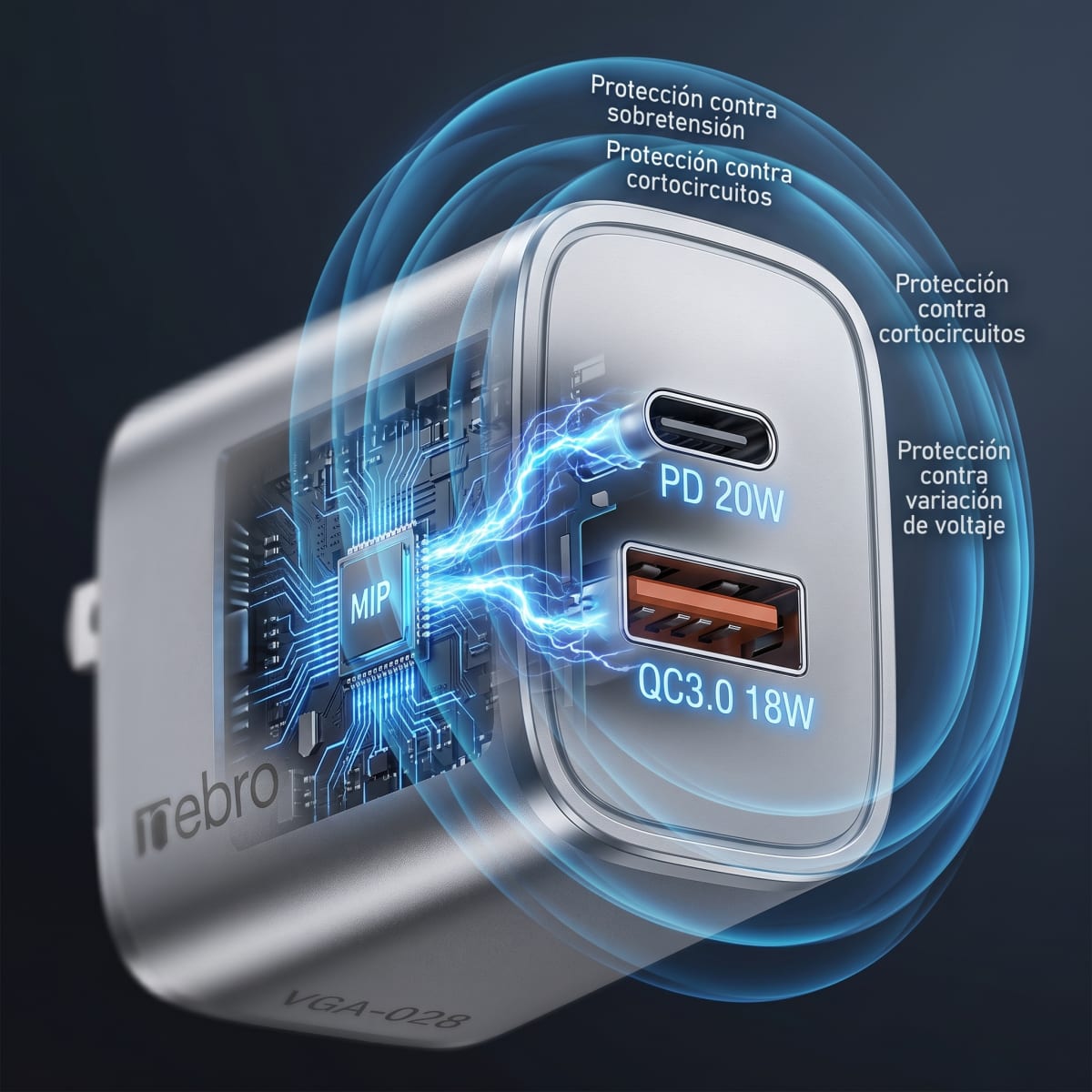 Cargador Doble Puerto Nebro VGA-028 20W PD + QC3.0 USB-C y QC3.0 Carga Rápida Simultánea3