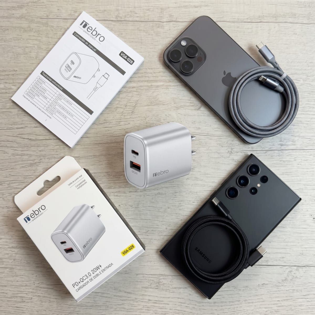 Cargador Doble Puerto Nebro VGA-028 20W PD + QC3.0 USB-C y QC3.0 Carga Rápida Simultánea6