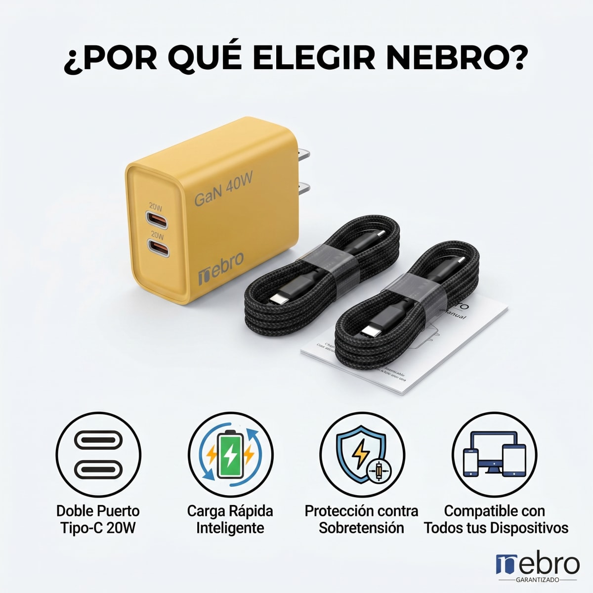 Cargador Doble USB-C Nebro VGA-029 20W Carga Rápida PD Reconocimiento Inteligente Protección contra Sobretensión7