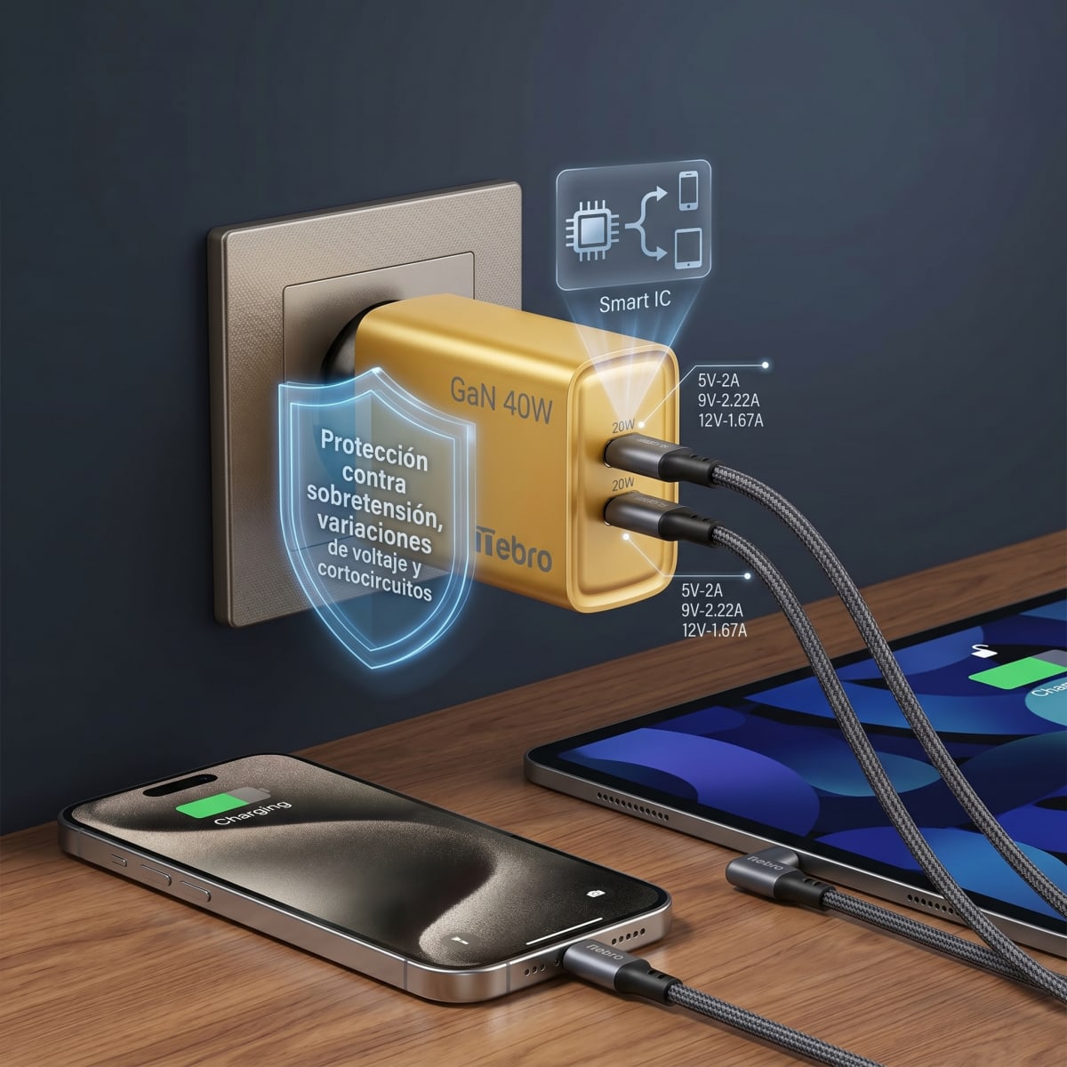Cargador Doble USB-C Nebro VGA-029 20W Carga Rápida PD Reconocimiento Inteligente Protección contra Sobretensión5