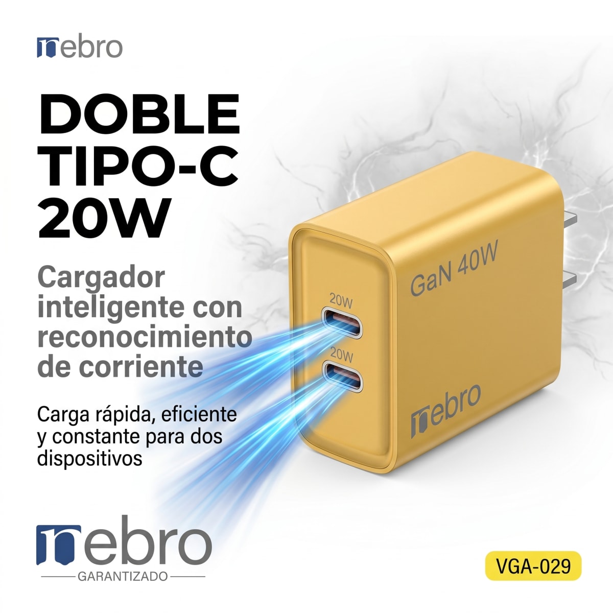 Cargador Doble USB-C Nebro VGA-029 20W Carga Rápida PD Reconocimiento Inteligente Protección contra Sobretensión2