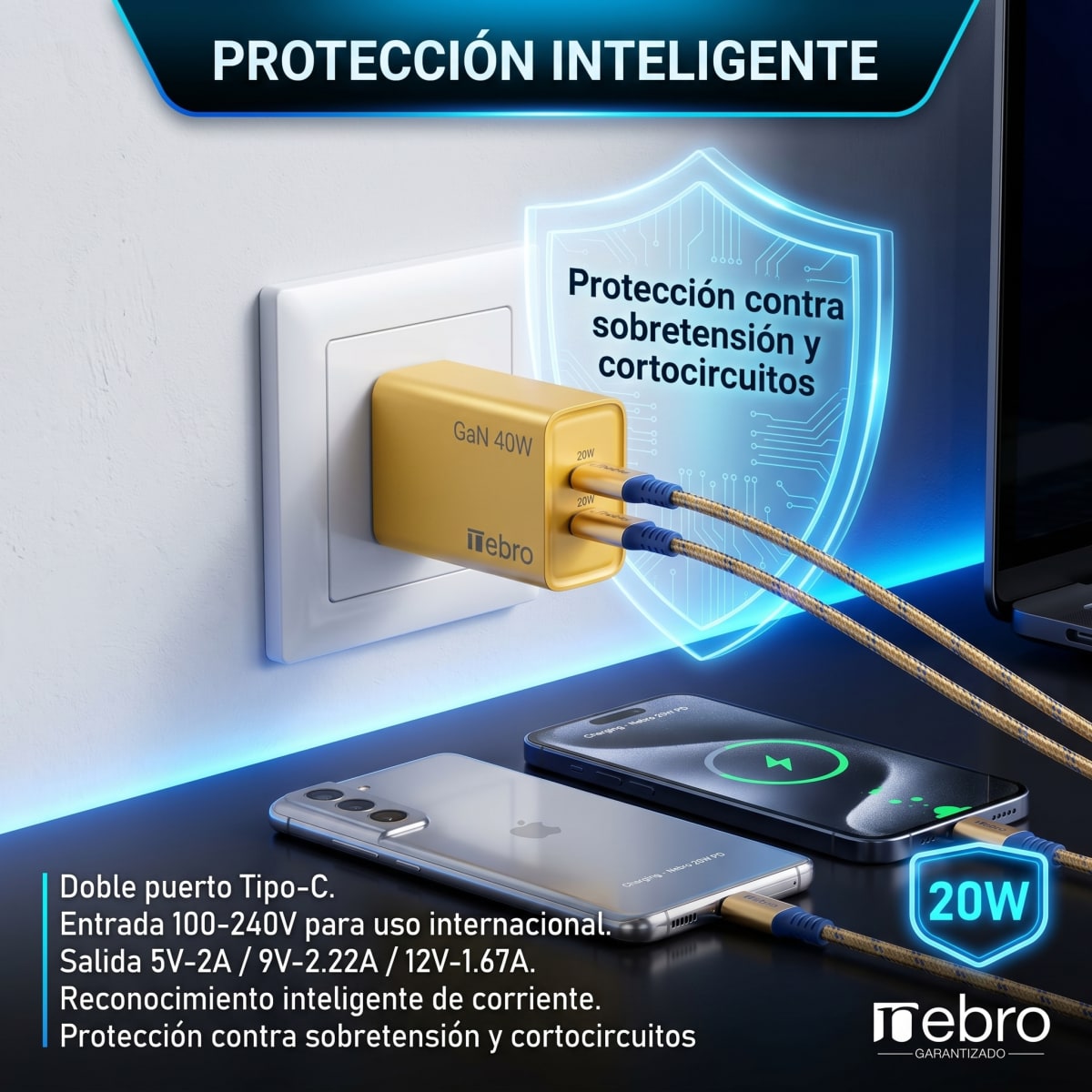 Cargador Doble USB-C Nebro VGA-029 20W Carga Rápida PD Reconocimiento Inteligente Protección contra Sobretensión6